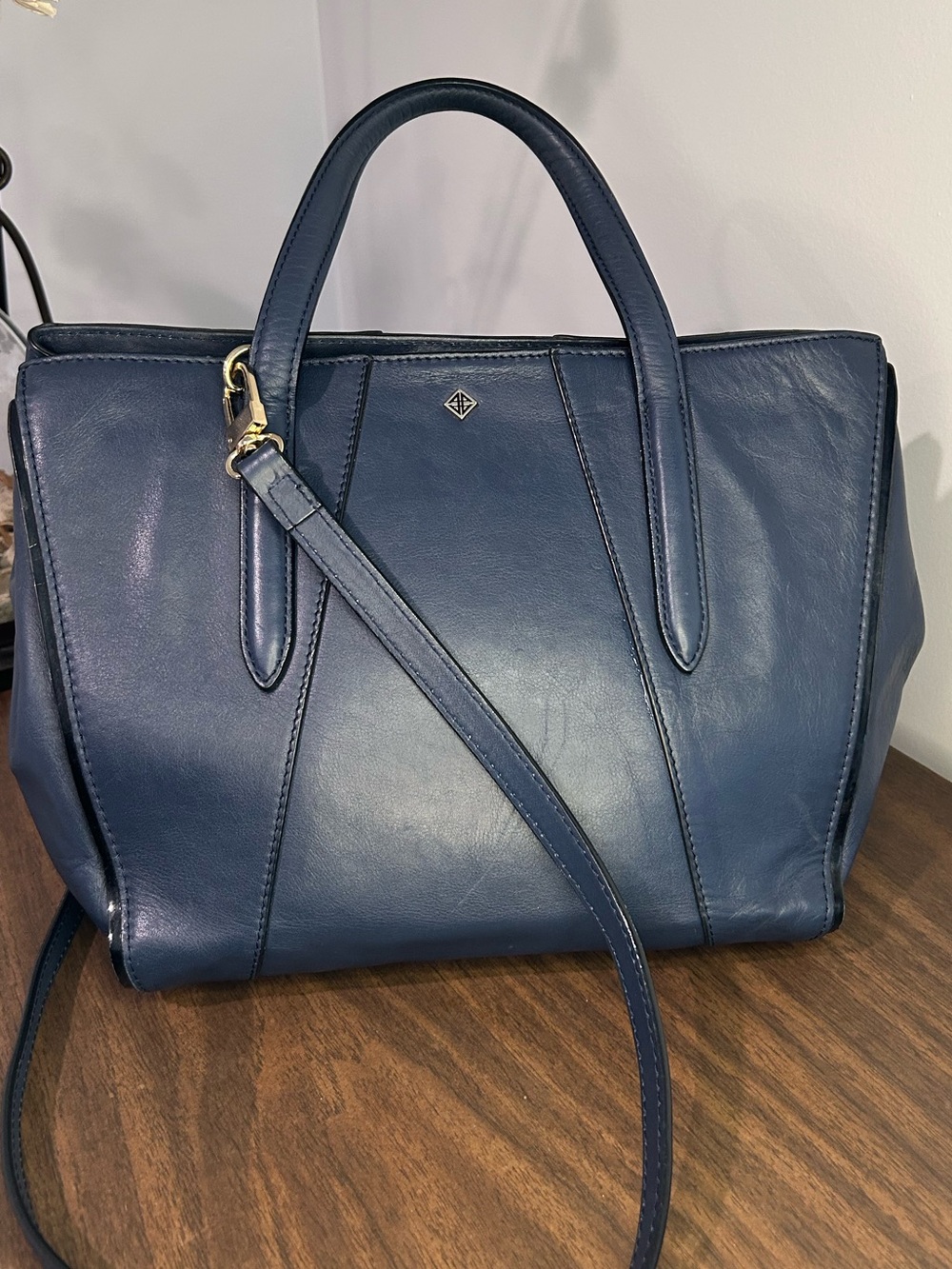 Antonio Melani Navy Blue Leather Satchel Crossbody Bag Gold Hardware ✈️ 🇯🇵